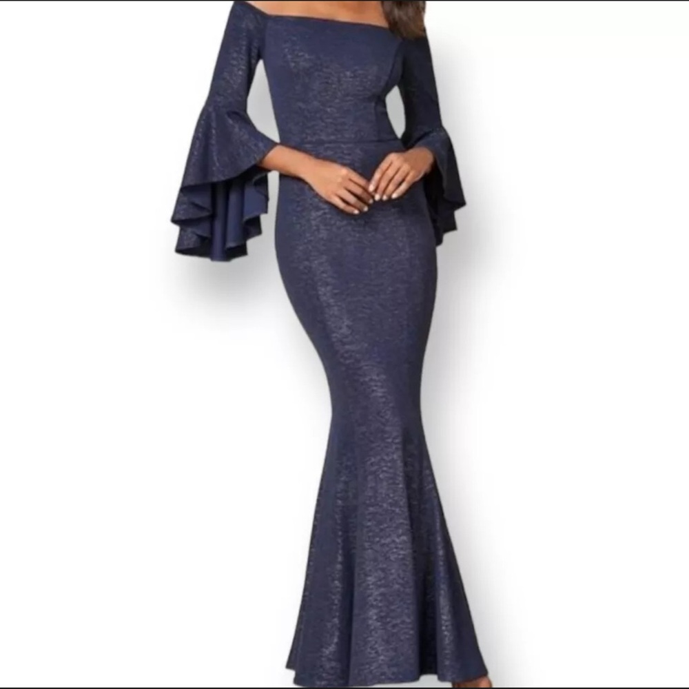 VENUS NAVY & SILVER METALLIC OFF-THE-SHOULDER BELL SLEEVE DRESS SZ.8